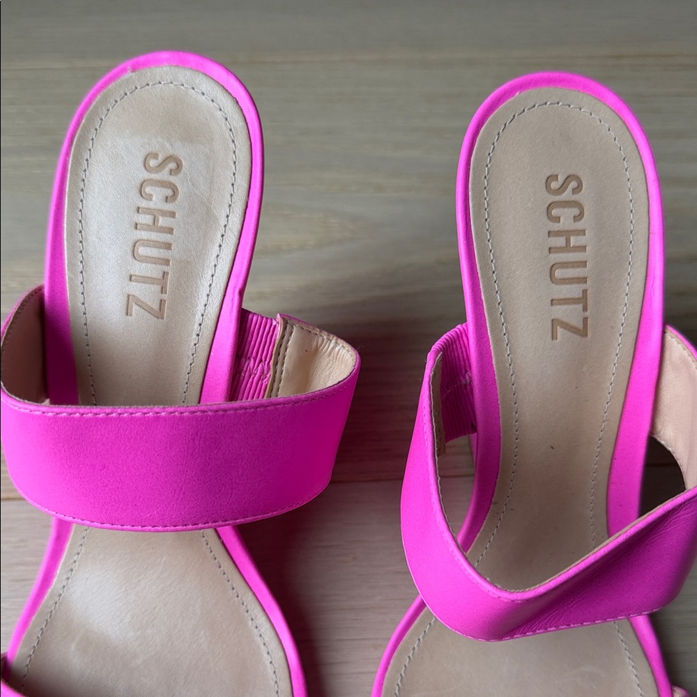SCHUTZ Neon Pink Pointed-Toe Wedge Slide Sandals - Picture 3 of 5